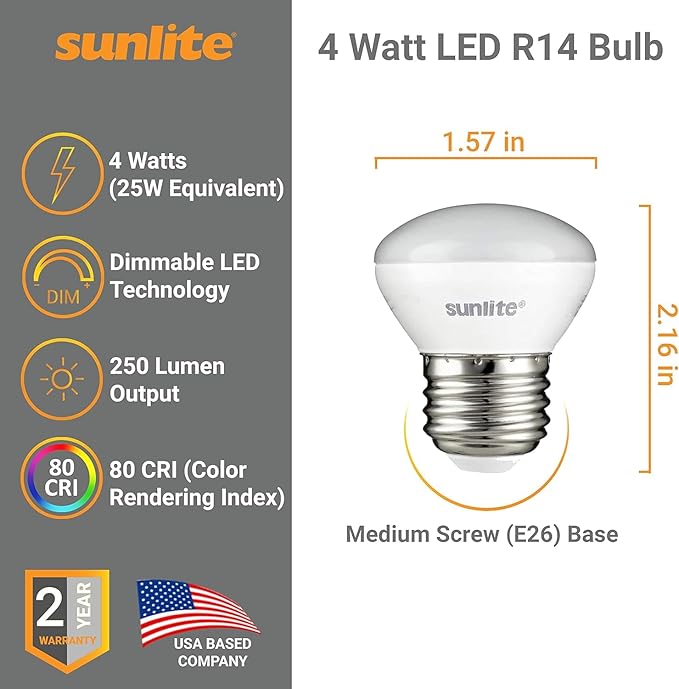 Sunlite LED R14 Mini Flood Light Bulbs, 4 Watts, 250 Lumens, Medium Base