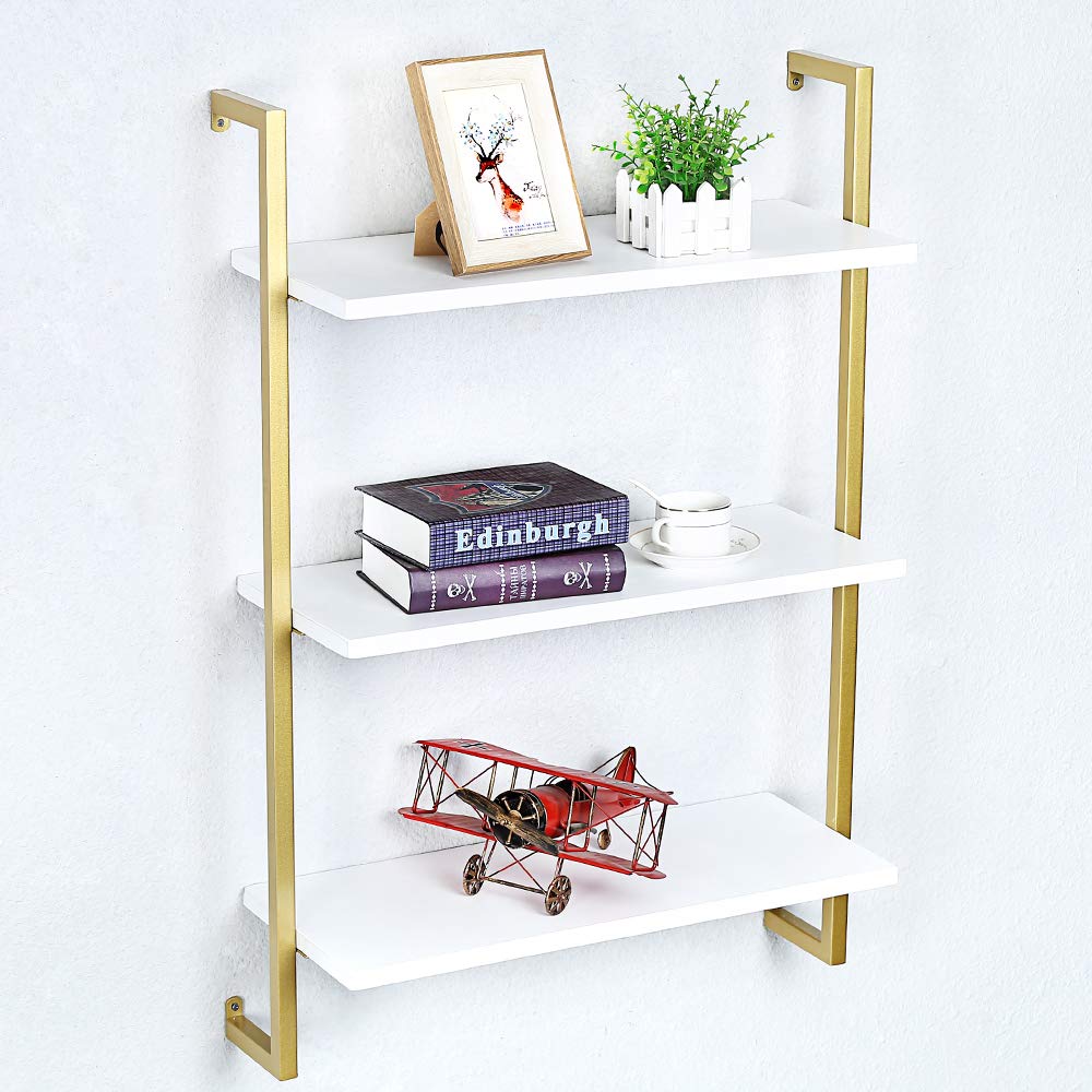 OLDRAINBOW Industrial Metal Wall Shelf,Floating Shelves Wall Mounted,24in Real Wood Book Shelves,3 Tier Hanging Wall Shelves for Bedrooms Office