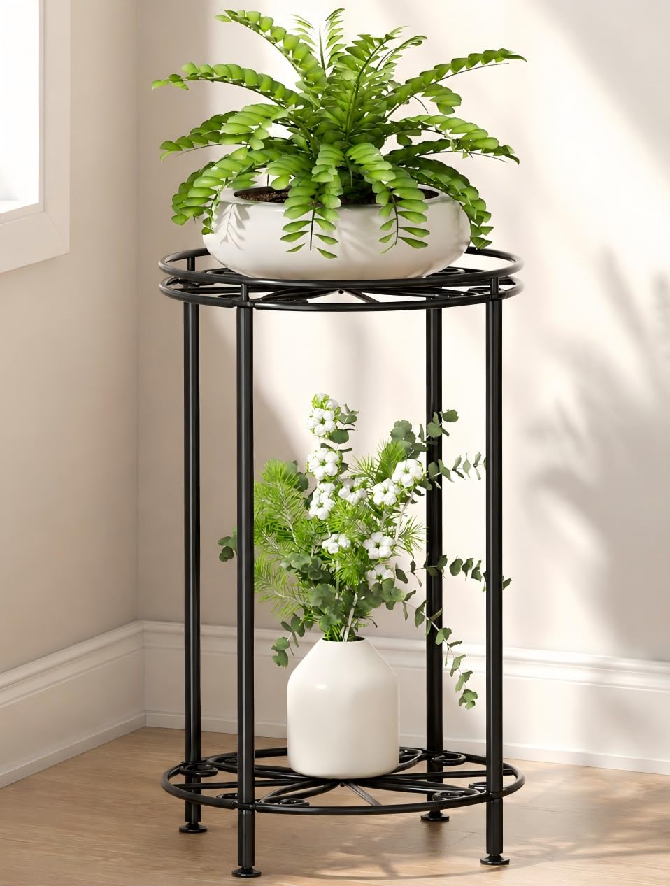 Josmimic Plant Stand 2-Tier 10.2in Width 16.4in Tall Flower Pot Rack Small Plant Table Metal For Indoor Outdoor