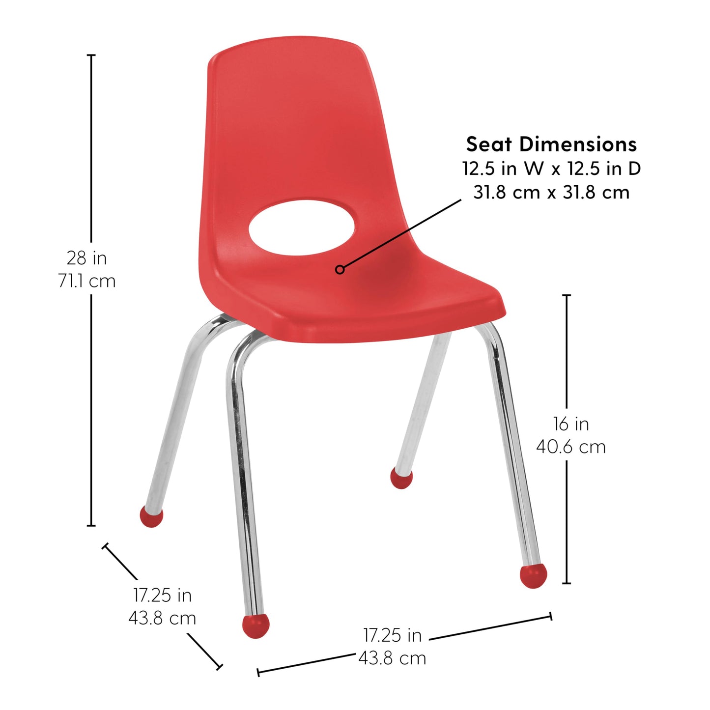 FDP 16" School Stack Chair, Stacking Student Seat with Chromed Steel Legs and Ball Glides For In-Home Learning or Classroom - Red (4-Pack), 10382-RD