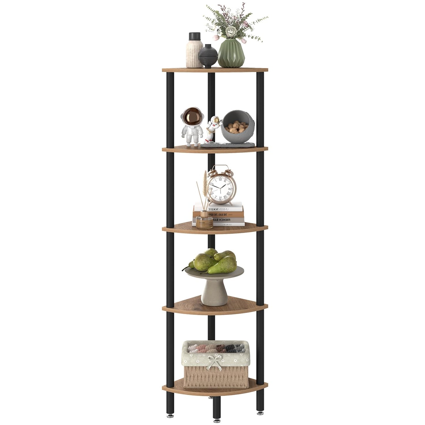 IBUYKE 5 Tier Corner Shelf Stand,Industrial Corner Display Rack,Corner Bookshelf for Living Room, Bedroom, Kitchen, Home Office, Oak WBC010K