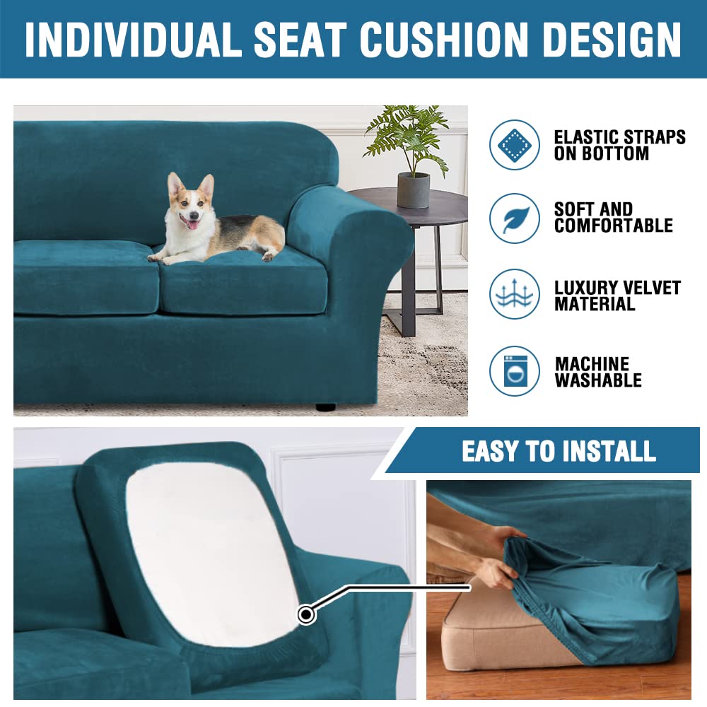 H.VERSAILTEX Modern Velvet Plush 4 Piece High Stretch Sofa Slipcover Sofa Cover Furniture Protector Form Fit Luxury Thick Velvet Sofa Cover for 3 Cushion Couch Width Up to 90 Inch (Sofa,Deep Teal)