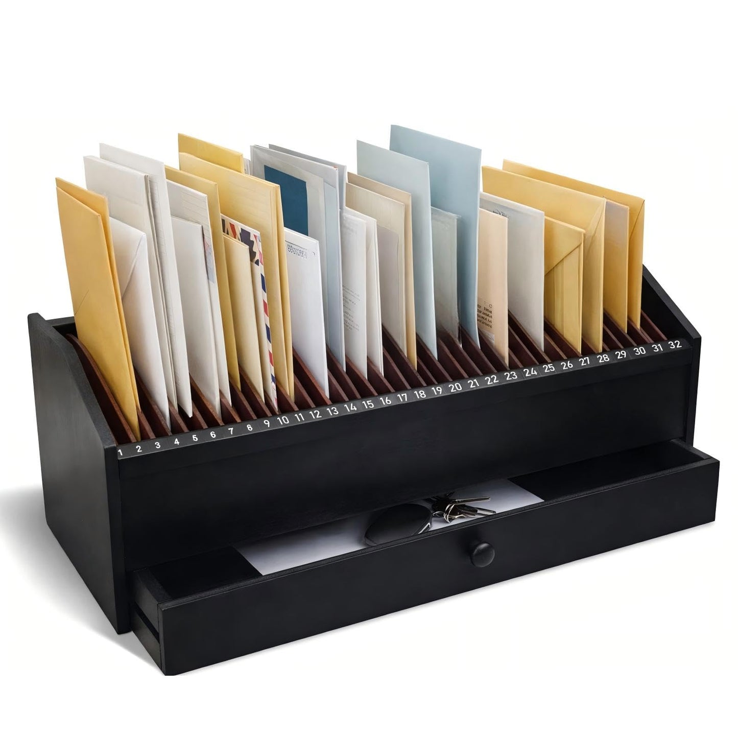 Teecyhooo Wood Desktop Organizer with Drawer, 17 Inch 32 Section Bill & Mail & File Organizer Storage for Office Desk, Desktop Mail Holder and Office Supplies Storage, Letter and Paper Sorter(Black)