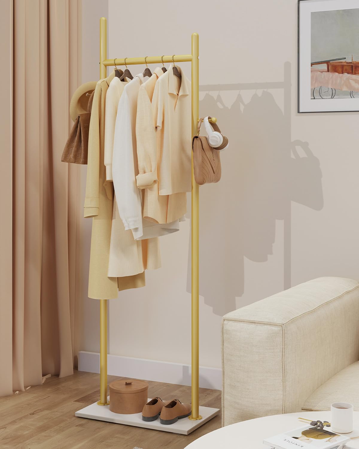 GUOHNHE Large Metal Coat Rack Freestanding, Modern Coat Hanger Stand with 2 Hooks and Heavy Rock Slab Base, Industrial Clothes Rack, Garment Rack, 19.7 x 11.8 x 68.9 In, Golden Yellow, GYJ202MWJ