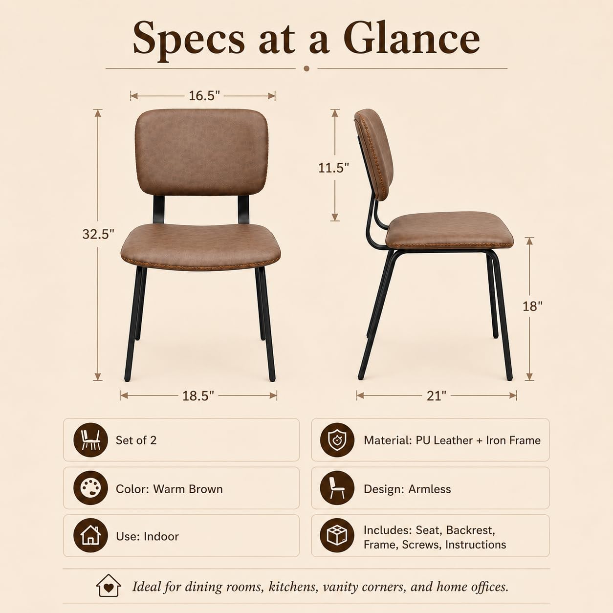 OrvieraSol Brown Dining Chairs Set of 2, PU Leather Upholstered Kitchen Chairs with Padded Seat and Back, Modern Armless Side Chairs with Black Metal Legs for Dining Room, Vanity, Living Room