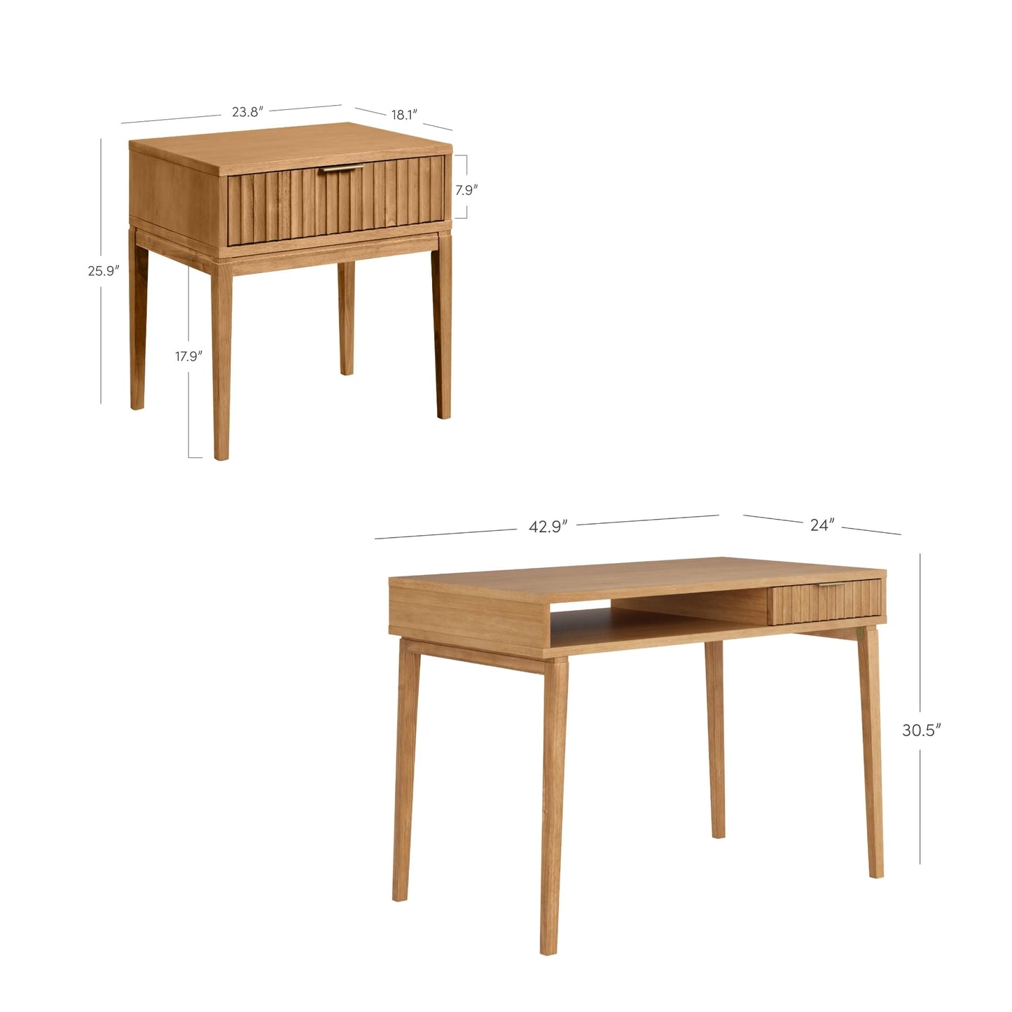 Nathan James Jasper Mid-Century Modern Desk Wall Unit, Vanity and Nightstand Set, Wood Desk with Drawer and Side Table