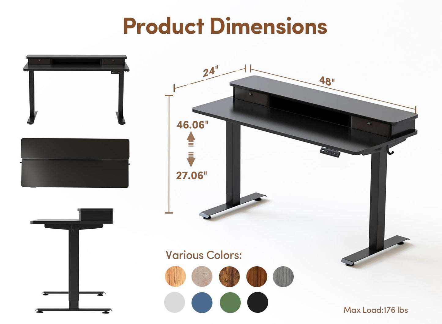 BANTI 48x24 Inch Electric Standing Desk with Dual Drawers, Height Adjustable Stand Up Table, Sit Stand Home Office Desk with Storage Shelf, Black Frame/Black Top