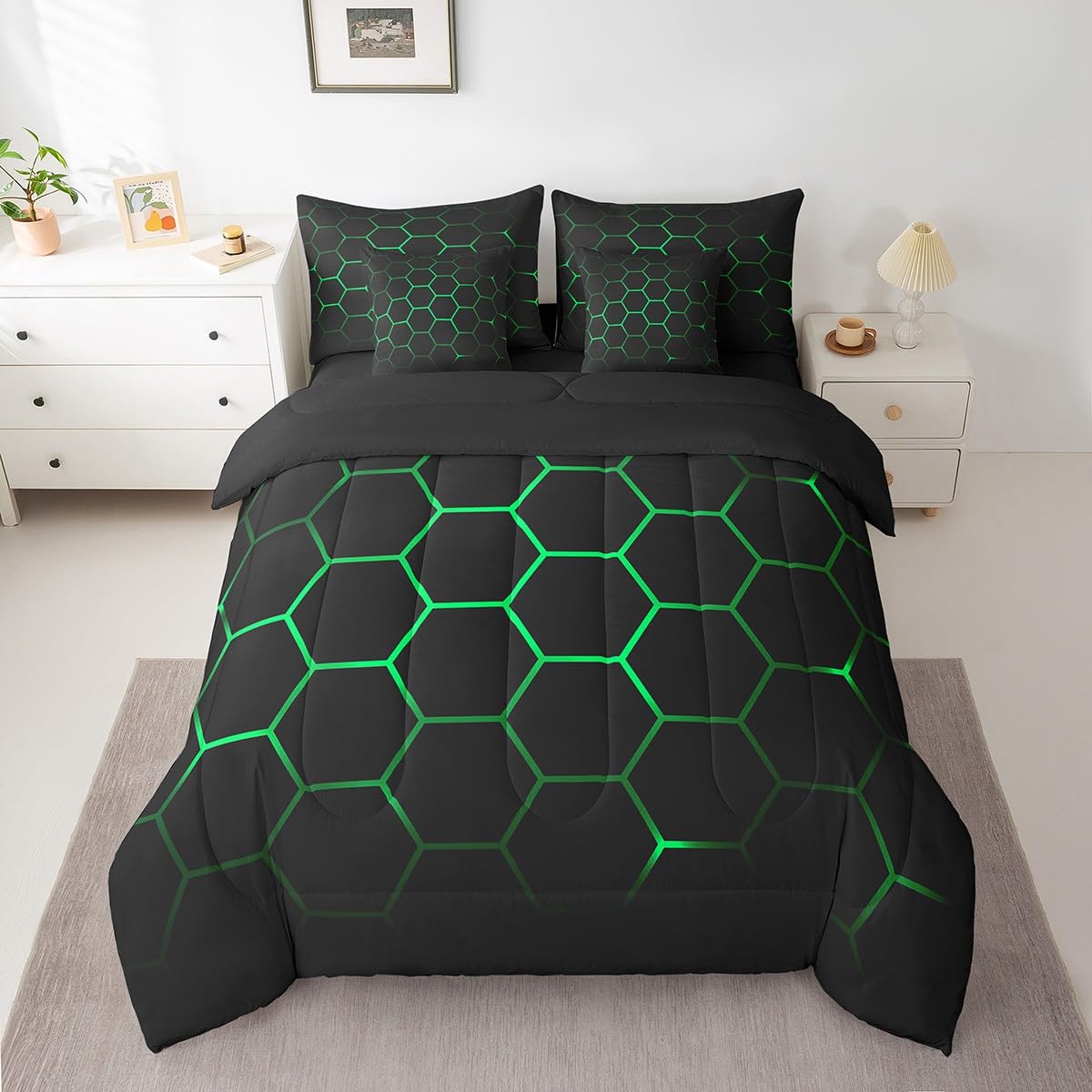Feelyou Hexagonal Bed in a Bag 3D Geometric Honeycomb Comforter Set with Sheets for Kids Boys Girls Luxury Beehive Hexagon 7 Piece Bedding Set Neon Green Black Decor Bed Set Twin Size