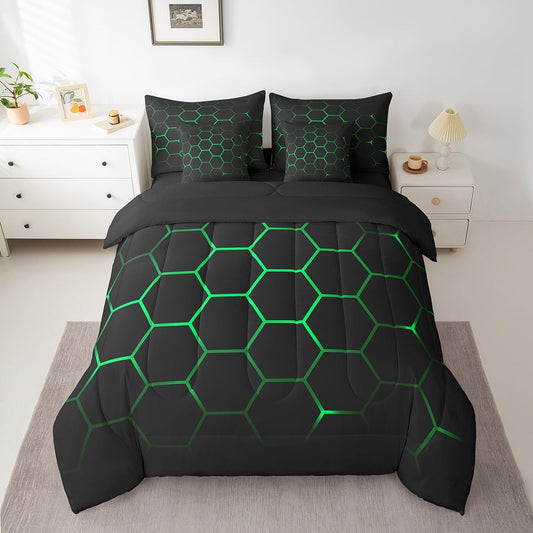 Feelyou Hexagonal Bed in a Bag 3D Geometric Honeycomb Comforter Set with Sheets for Kids Boys Girls Luxury Beehive Hexagon 7 Piece Bedding Set Neon Green Black Decor Bed Set Twin Size