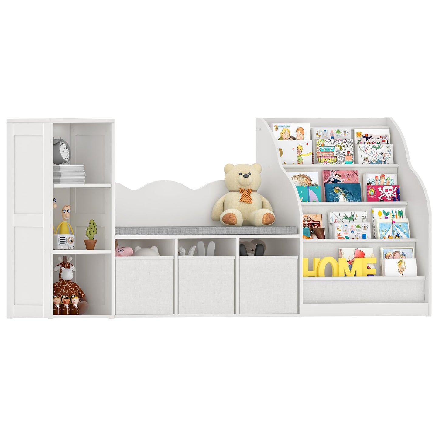 CHOEZON 66.9" Kids Bookshelf with Reading Nook, 3-in-1 Kids Bookcase with Cushion and Sling Shelf, Toy Chest Storage with Fabric Drawers, Reading Nook for Kids, for Playroom, Nursery, White MCW08WB