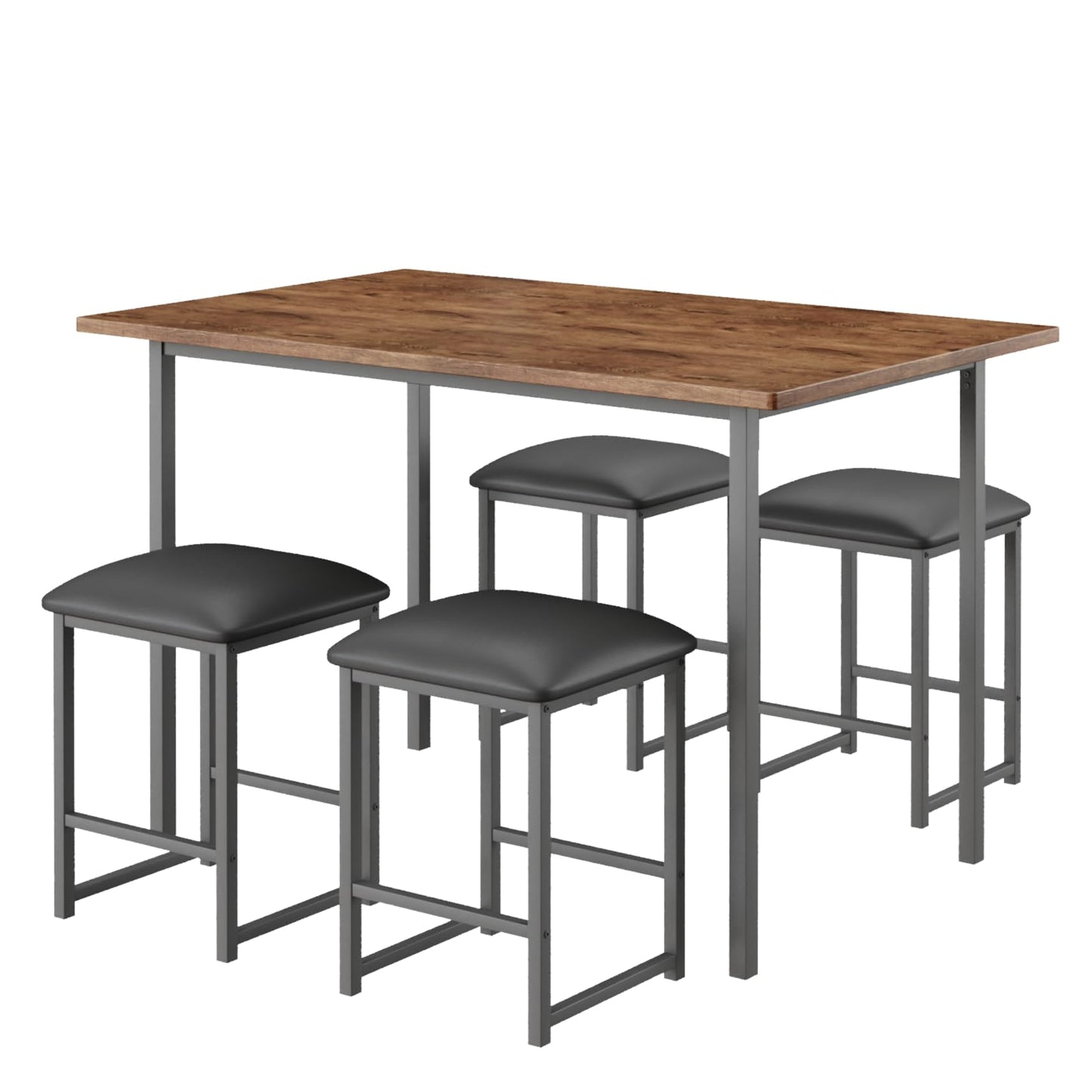 VECELO Kitchen Table and Chairs for 4, Dining Room Set with PU Chairs/Stools, Heavy-Duty Metal Frame, Wooden Tabletop, Space-Saving Design for Small Spaces, Easy Assembly, Walnut Brown
