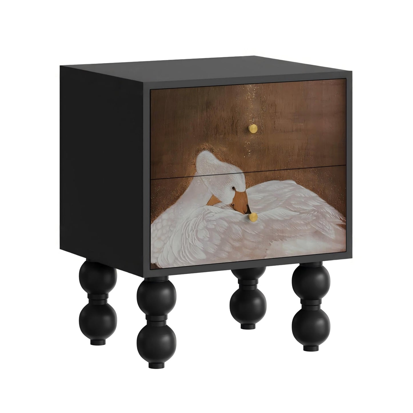 Pine Wood Art Panel Nightstand with Swan Art Pattern, 2 Drawer Turned Legs Bedside Table, Easy Assembly Artistic Bedroom Storage Cabinet