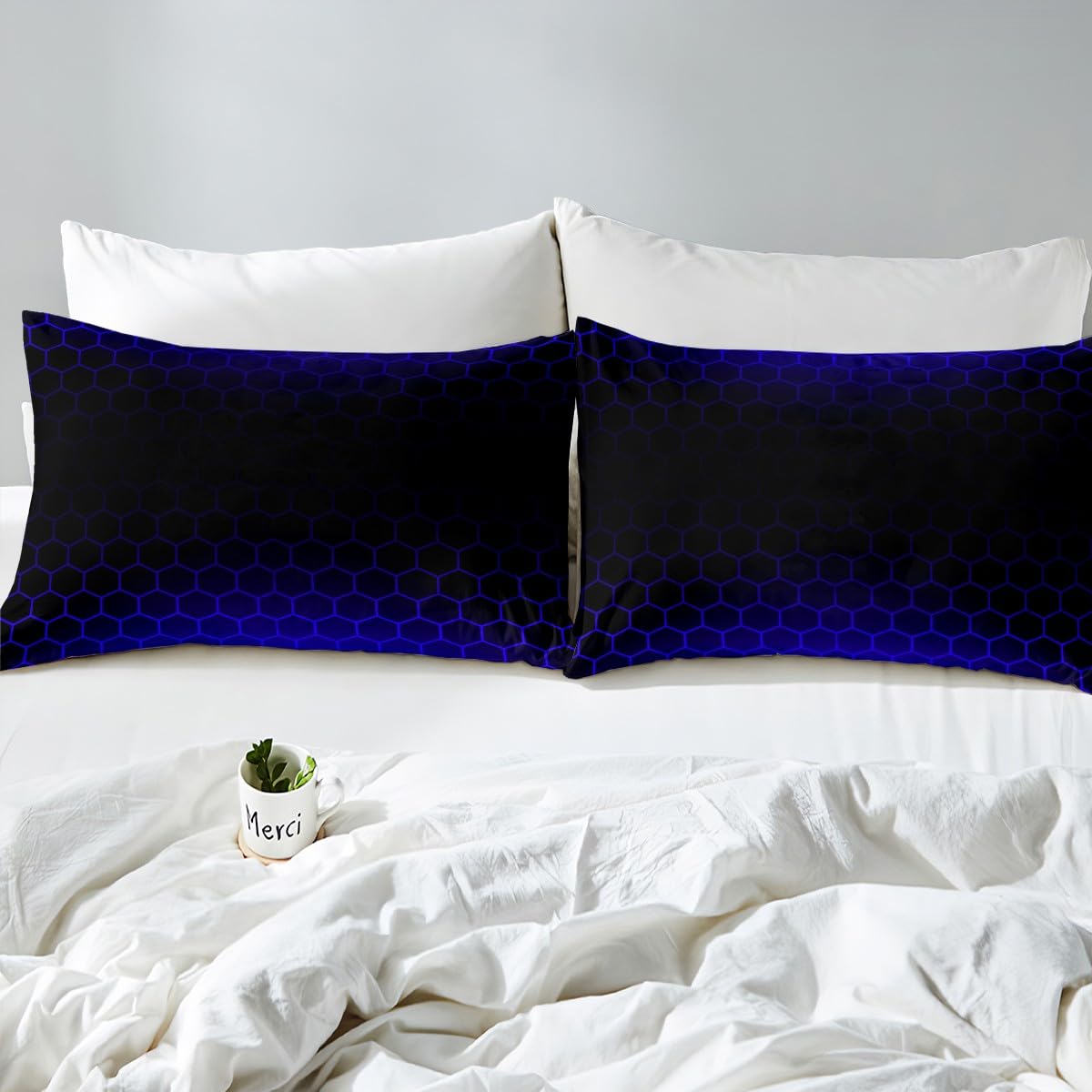 Blue Black Ombre Honeycomb Fitted Sheet Full Size, Geometrics Hexagon Bedding Set Abstract Blue and Black Bed Sheet Set for Kids Toddler Beehive Hexagon Bed Cover 3Pcs (No TOP Sheet)