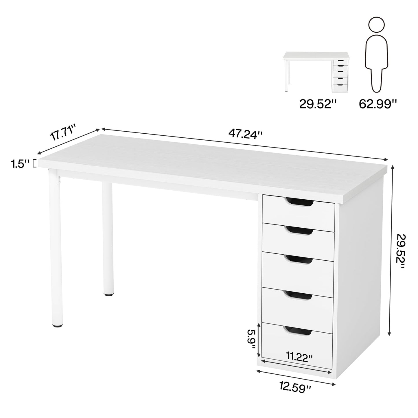 Tribesigns Computer Desk with 5 Drawers, 47 inches Rustic Brown Home Office Desk with Storage, Modern Simple Laptop Desk Study Writing Table for Small Spaces (1, White)