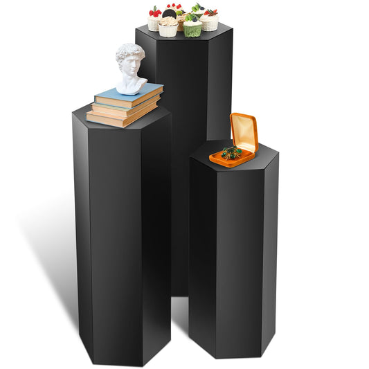 Yaocom 3 Pcs Pedestal Stand for Display Metal Hexagonal Pedestal Stand Cylinder Cake Dessert Plant Table Pillar for Wedding Sculpture Collection Vase Party Decor, 23.6/29.5/35.4 Inch Tall(Matte Black)