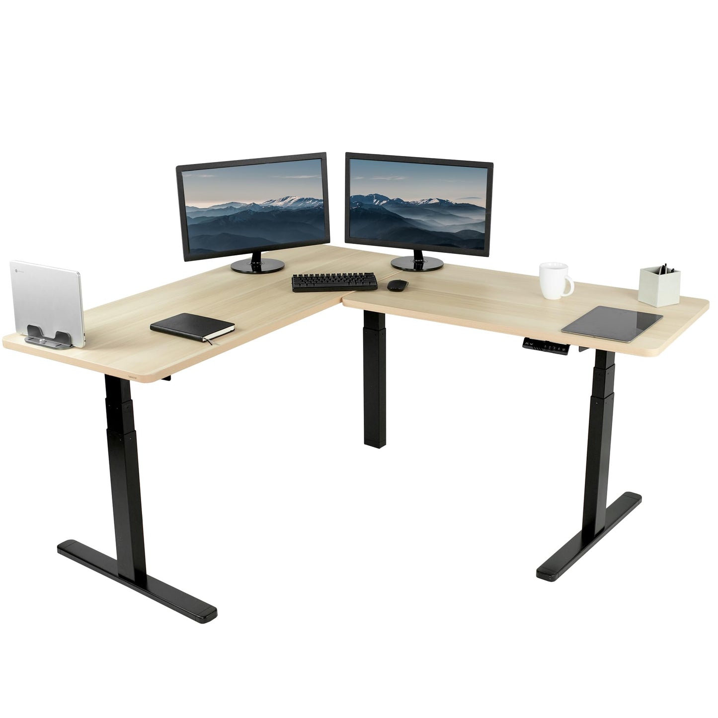VIVO Electric Height Adjustable 67 x 60 inch Corner Stand Up Desk, 2 Light Wood Solid Table Tops, Black Frame, Memory Controller, L-Shaped Workstation, 3E Series, DESK-KIT-3E6BC