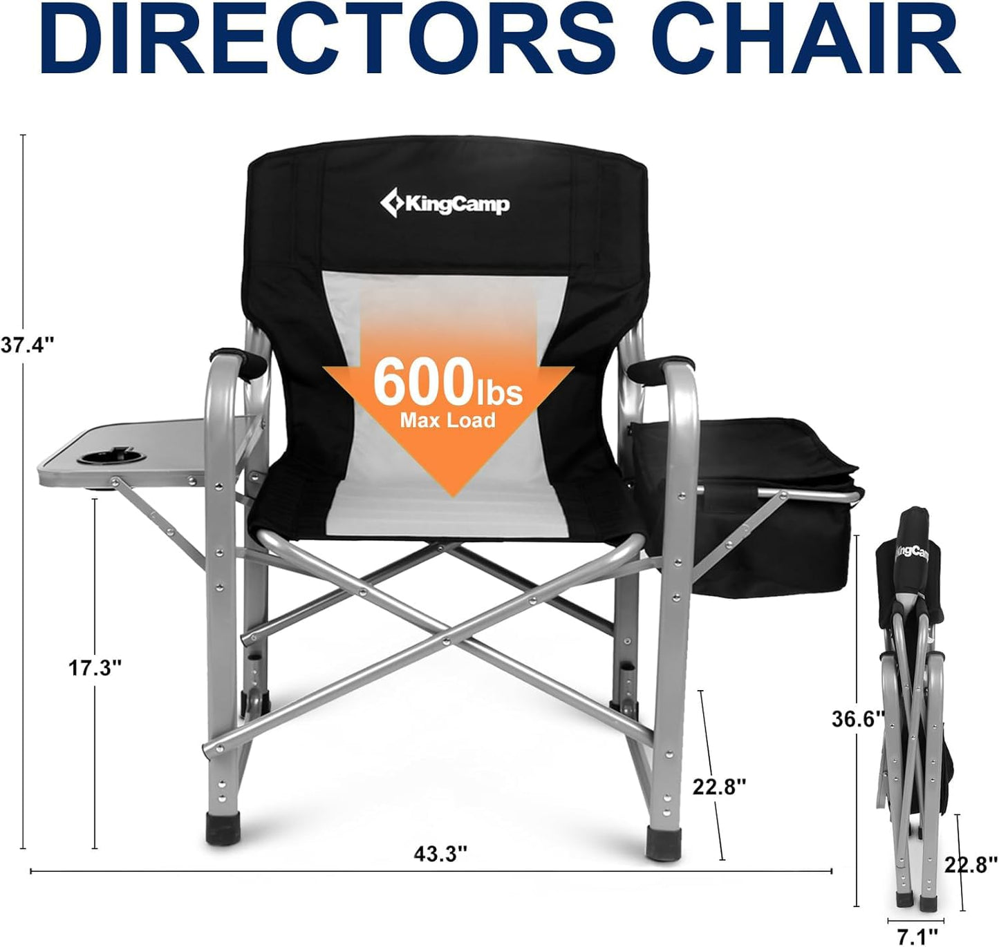 KingCamp XXL Oversized Directors Chair with Side Table, Folding Camping Chairs Heavy Duty 600lbs with Cooler Bag, Portable Camp Chair with Wide Seat for Hiking Fishing Lawn Outdoor and Sports