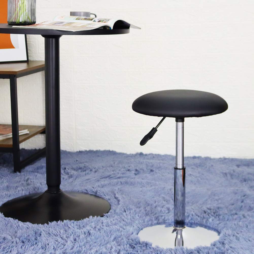 FURWOO Short Round Spa Stool Height Adjustable Swivel Bench for Bedroom Living Room Black PU Leather