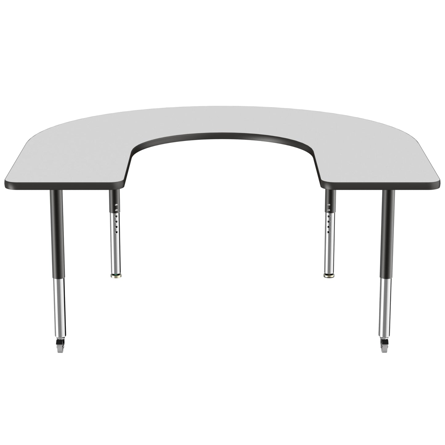 FDP Mobile Horseshoe Activity School and Office Table (60 x 66 inch), Super Legs with Glides and Casters for Collaborative Environments, Adjustable Height 19-30 inches - Gray Top and Black Edge