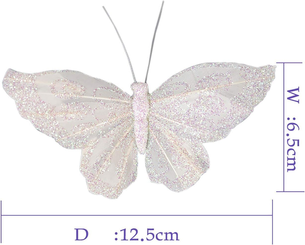 FEAGHYL-3" White Feather Butterfly Decorations with Wire Stem,Christmas Tree Ornaments, Set of 12 (C)