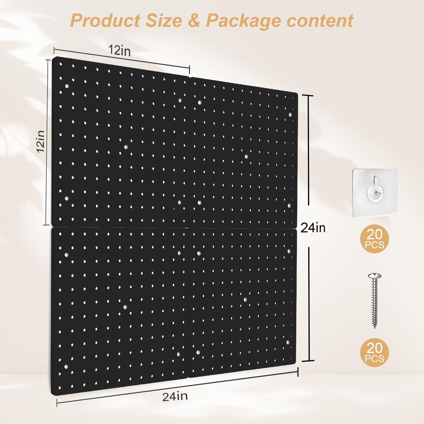 FZK PegBoard, 4 Pack Peg Board 12 * 12inch, Pegboard Wall Organizer, ABS Peg Board for Walls, Black Plastic pegboard, Suitable for Office, Craft Room, Kitchen and Ornament Display
