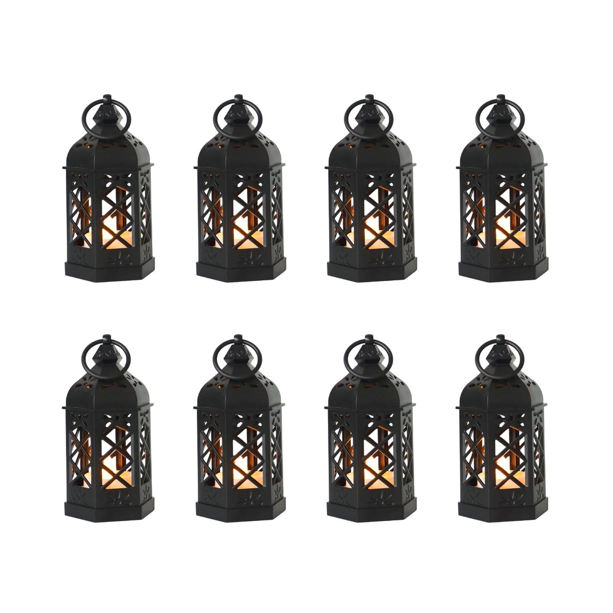 Reperla 8-Pack Mini Lanterns with Flickering LED Candles for Ramadan, Moroccan Decorative Hanging Lanterns for Halloween, Christmas, Wedding, Black Lantern for Table Centerpiece, Home & Party Decor