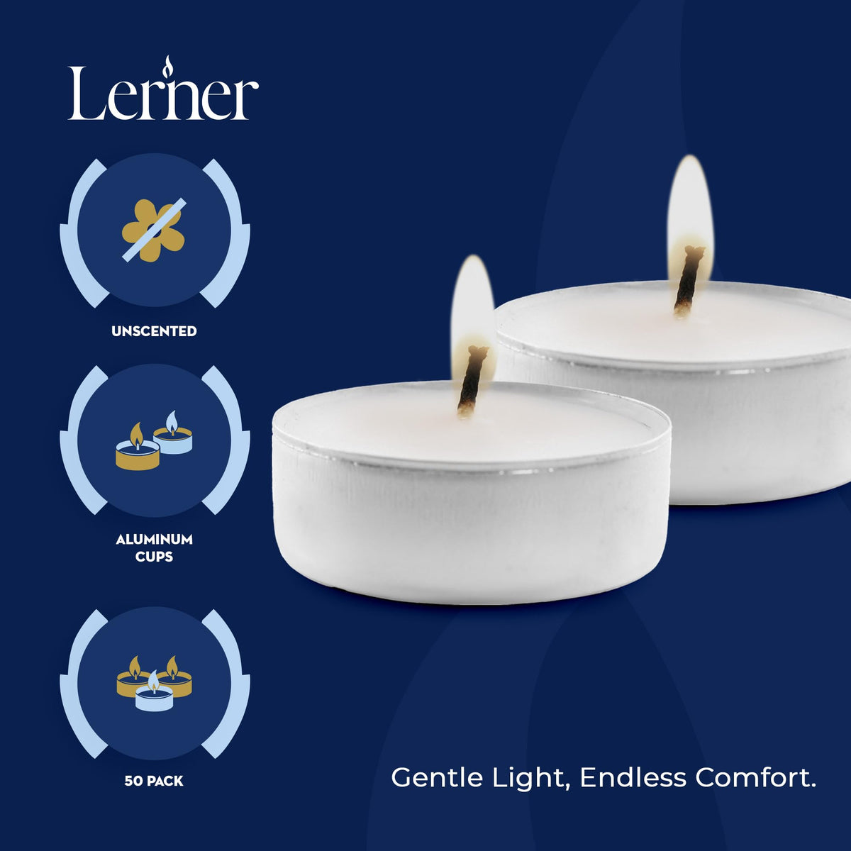 Lerner Tealight Candles, 50 Count| 4.5 Hours Long-Burning White Tea Light Candles| Non-Toxic, Smokeless & Soot-Free Tea Light Warmer Candles | Unscented Party, Décor, Shabbat Tea Candles