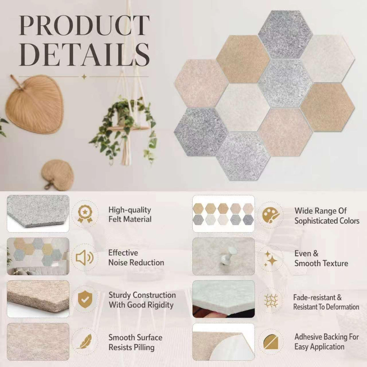 10 Pack 12'' Hexagon Cork Boards for Office Wall: Large Felt Bulletin Decor Display for Classroom, Decorative Panels with 30 Push Pins for Photos & DIY