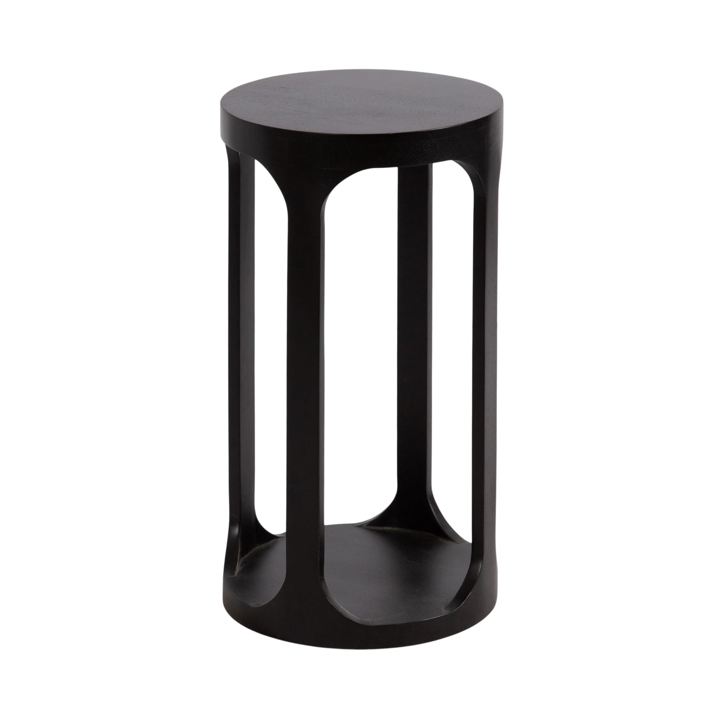 Kate and Laurel Dahl Modern Slatted Wooden Round Drink Table; 12 x 23; Black; Transitional Wood Accent Pedestal Table for Use as Living Room Plant Stand or Small Bedroom Nightstand