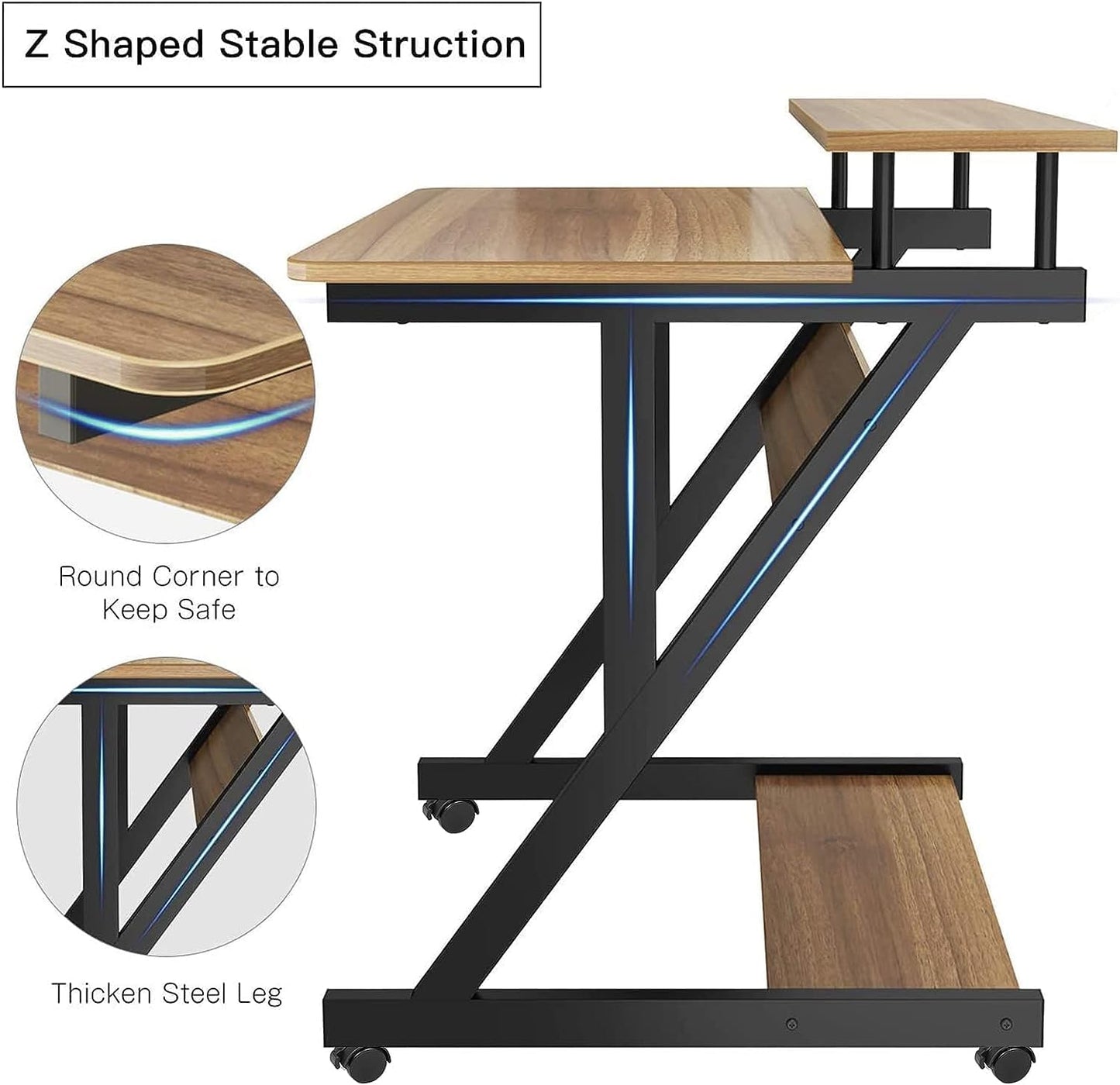 Dripex Computer Desk for Small Spaces, Z Shaped Small Computer Desk, 27.5 inch Compact Desk with Monitor Shelf and Bottom Storage Shelves, Space Saving Desk, Walnut