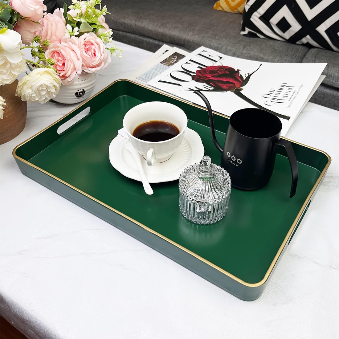 UOEKCS Rectangular Decorative Tray, Plastic Serving Trays with Handles, Coffee Table Tray for Ottoman, Living Room, Kitchen, Home Decor 15.7” x 10.2” x1.37”(Green)