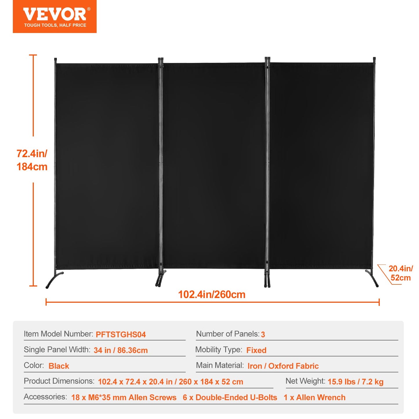 VEVOR Room Divider, 3 Panel Room Divider, Folding Privacy Screen and Portable Partition Divider for Room Separation, Freestanding Room Partitions for Office, Bedroom, Black