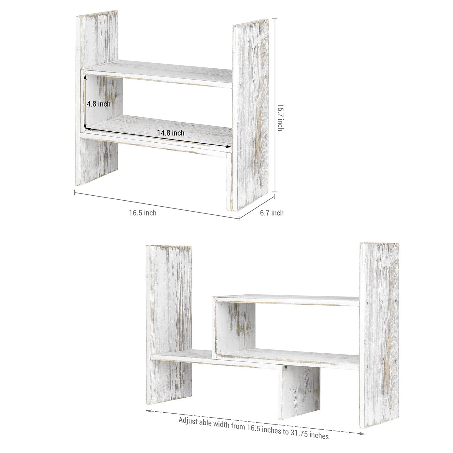 MyGift Adjustable Whitewashed Solid Wood Desktop Storage Organizer Display Shelf Book Rack, Office Desk Bookshelf