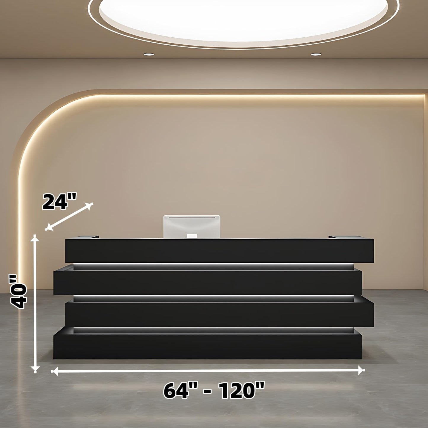 Modern Office Reception Desk with Hidden Mood Lighting, No Assembly Required, Customizable Logo, Spacious Storage, Solid Wood Construction, Retail Counter for Office & Boutique.