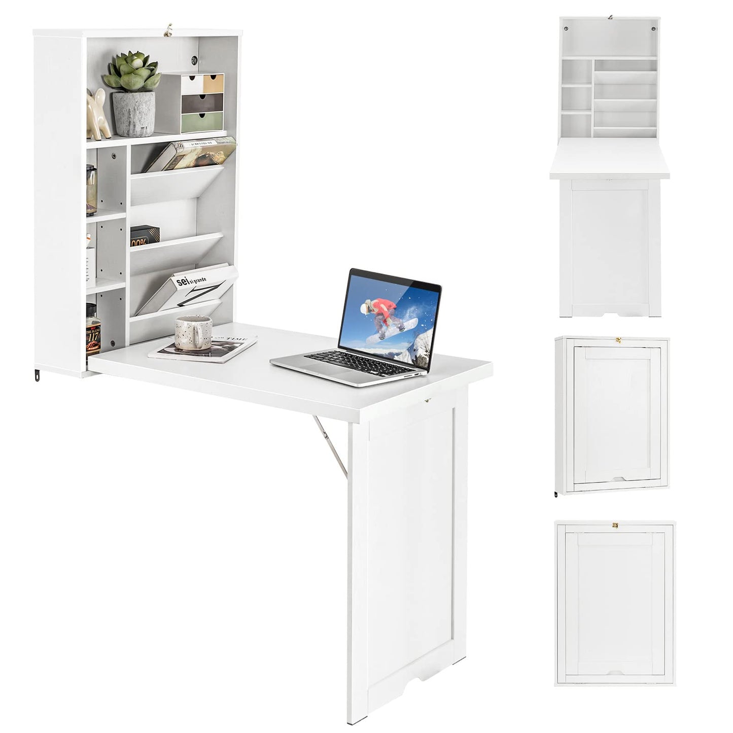 GOFLAME Wall Mounted Folding Desk, 3-Tier Tilt Storage Partition With Adjustable Shelves, Space-Saving Floating Laptop Desk, Convertible Writing Table for Home Office, White