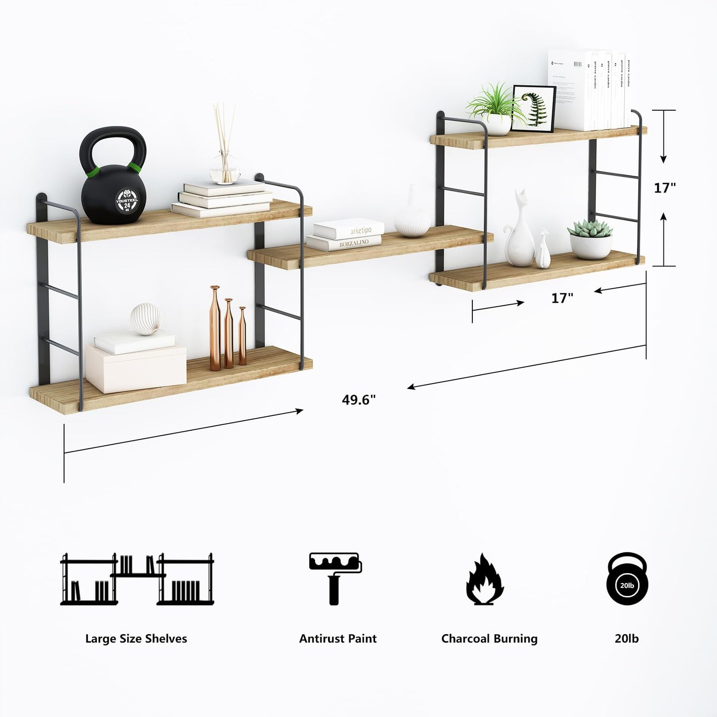MXCSE Wall Shelves, Wall Mounted Floating Bookshelves, DIY Wood Hanging Shelves for Bedroom, Living Room, Easy Installation, 5 Shelves (Wooden, 50W x 17H)