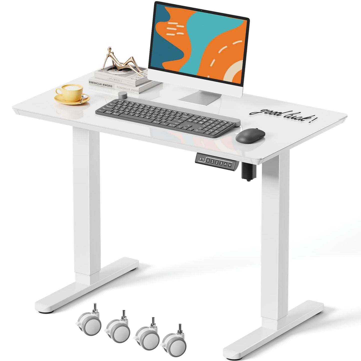 JOY worker Small Glass Standing Desk, 35" x 20" Electric Whole Piece Height Adjustable Desk with 4 Lockable Casters, Mobile White Sit to Stand Workstation for Home Office