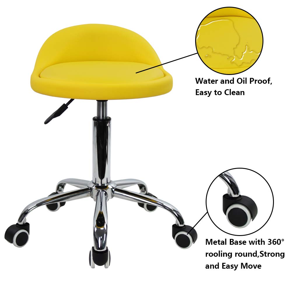 KKTONER PU Leather Round Rolling Stool with Back Rest Height Adjustable Swivel Drafting Work SPA Task Chair with Wheels (Yellow)