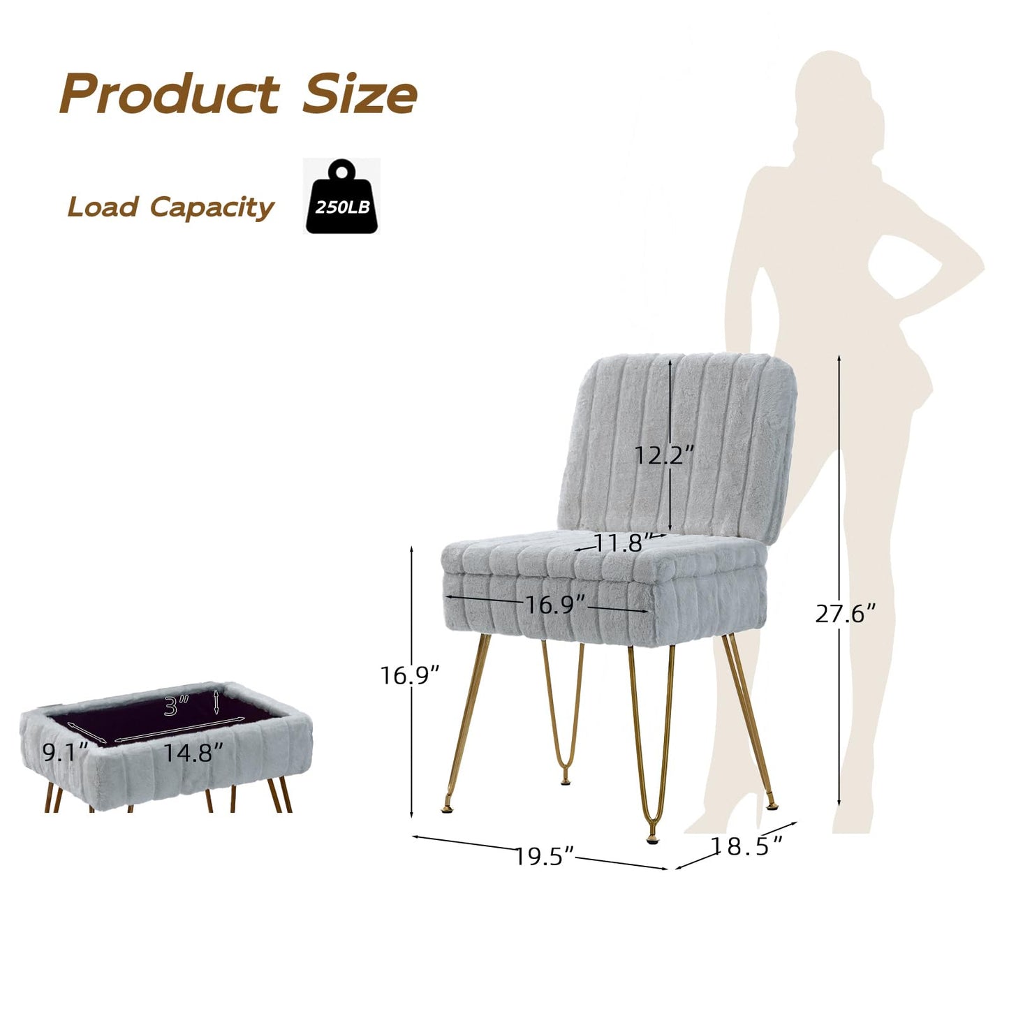 Manyday Vanity Chair with Storage, Comfy Ottoman with Folding Back, Faux Fur Vanity Stool with 4 Metal Legs for Make Up, Furry Padded Seat with Anti-Slip Feet for Bedroom Dressing Room, Light Gray