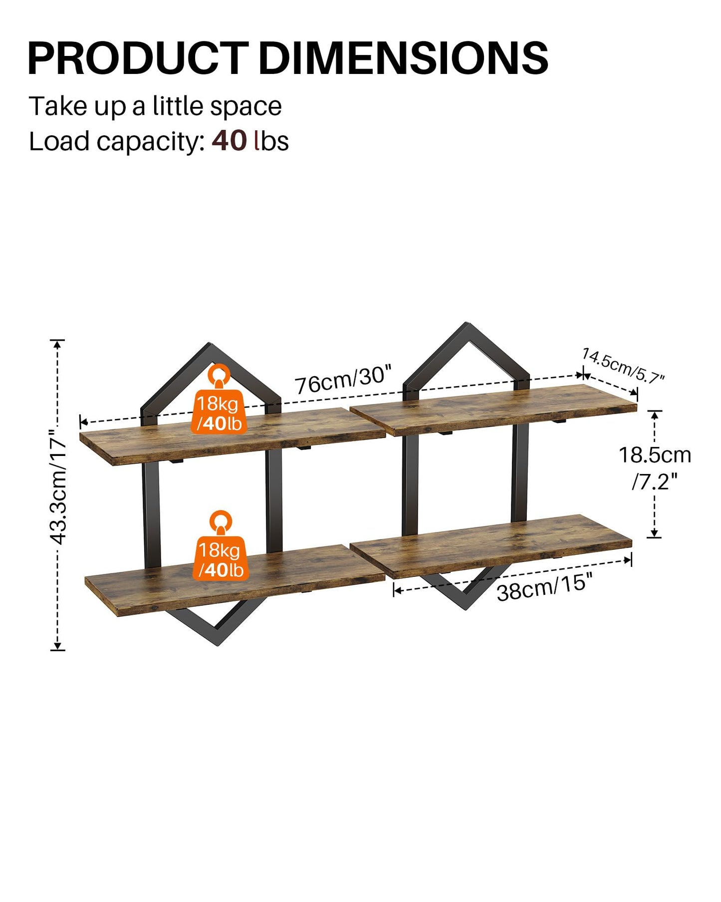 Forjarn Floating Shelves, Set of 2 Wall Shelf, Wall Mounted Decorative Shelves, 2-Tier Modern Geometric Hanging Storage Shelf for Living Room, Bedroom, Kitchen, Office, Study (Rustic Brown + Black)