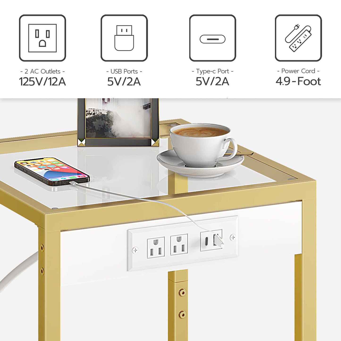 HOOBRO Side Table with Charging Station, End Table with USB Port, Nightstand for Tight Spaces, Tempered Glass, Modern Metal Frame, for Office, Bedroom, Living Room, Study, Gold GD76UBZ01
