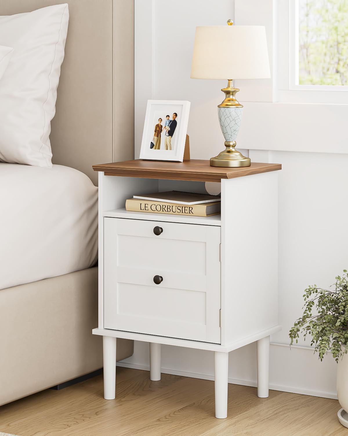 Apetaccat Nightstand, Boho Night Stand with 1 Drawer, Modern Side Accent Table with Open Shelf, Wooden Top Bedside End Table for Bedroom, Living Room, White