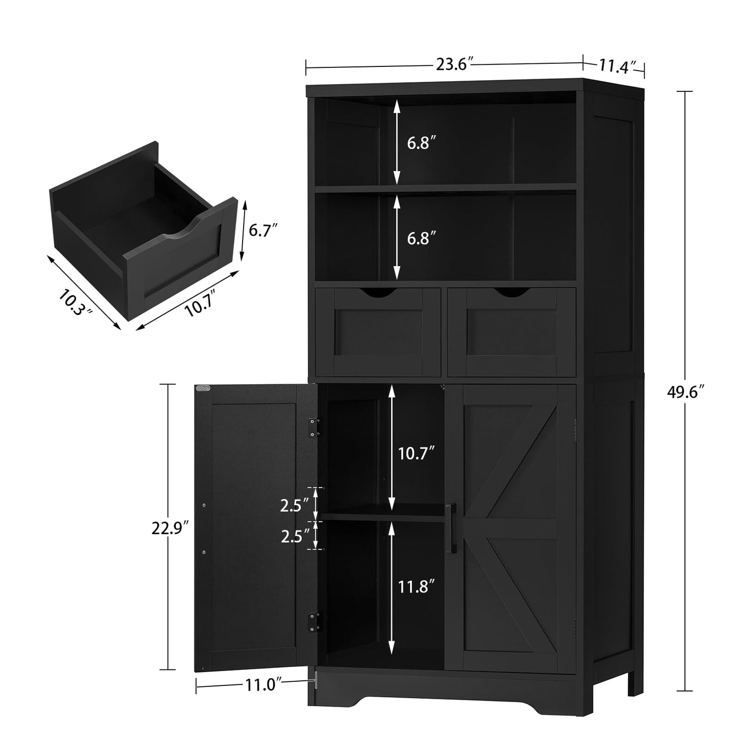 TEENFON Storage Cabinet with Doors & 2 Drawers, Kitchen Cabinet with Adjustable Shelf, Pantry Cabinets, Bathroom Cabinets, for Living Room, Entryway, Home Office, Black