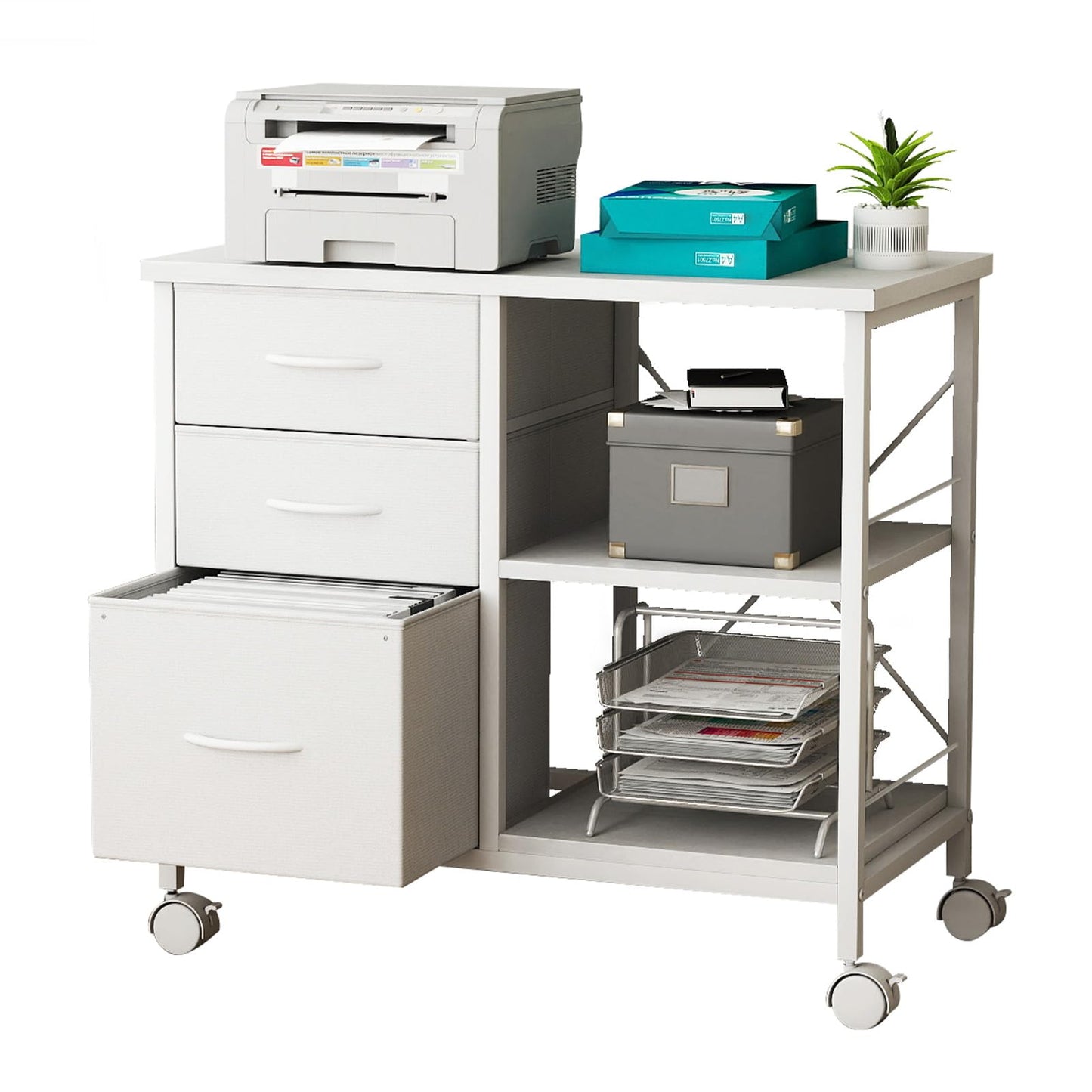 DUMOS 3 Drawer Mobile File Cabinet, Freestanding Fabric Lateral Filing Cabinet Fits A4/Letter Size, Space Saving Rolling Printer Stand with X-Frame and Open Storage Shelf for Home Office, White
