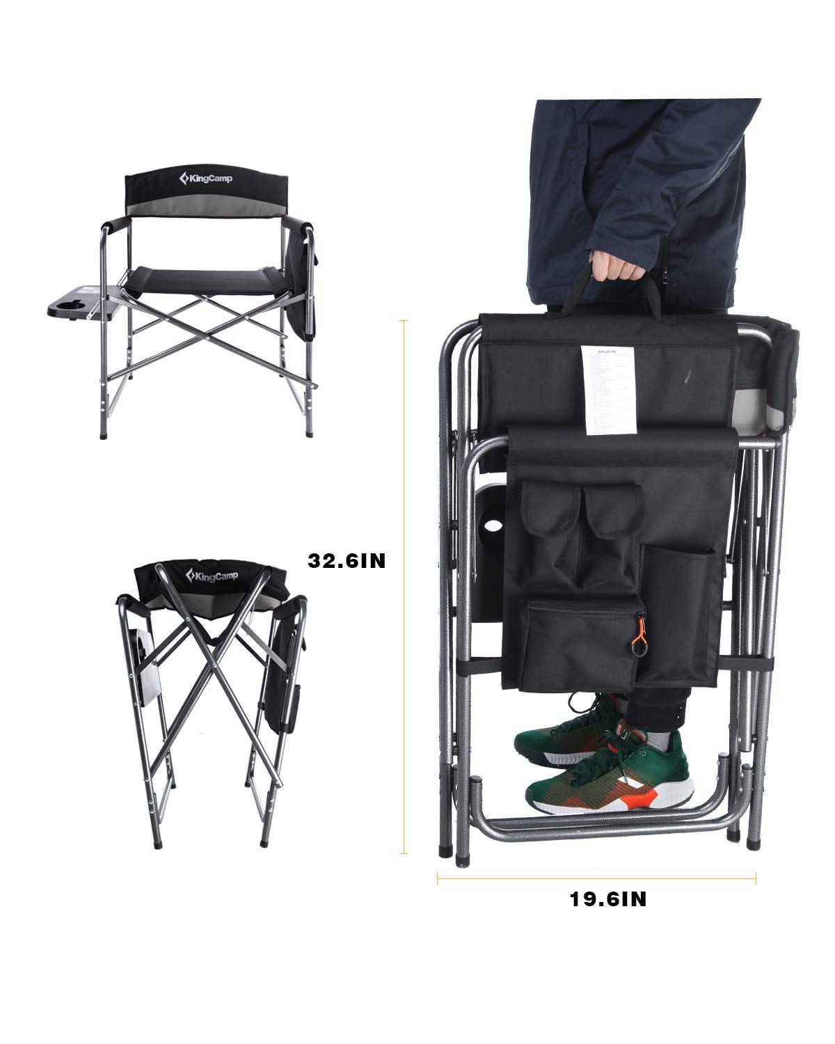 KingCamp Folding Camping Chair, Heavy Duty Portable Directors Style with Side Table Carry Handle Storage Pockets for Outdoor Tailgating Sports Backpacking Fishing, Black