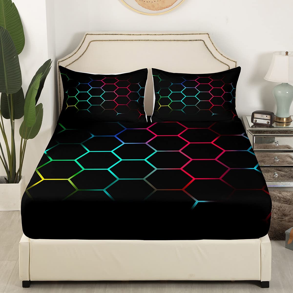Feelyou Teal and Blue Red Yellow Bed Sheet Set Hexagonal Bedding Sheets Kids Boys Teens Honeycomb Decor Bedding Fitted Sheet Beehive Simplistic Geometric Bed Cover Bedroom Collection 2Pcs Twin Size