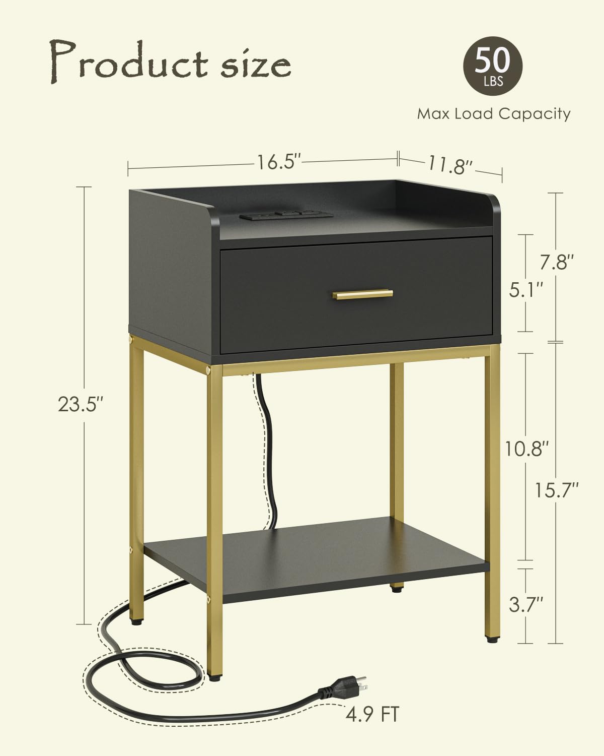 Apetaccat Nightstand with Charging Station,3-Tier Bedside Table for Small Space,Modern Night Stand with Storage Drawer and Shelf,Small Side Table for Bedroom,Living Room,Black