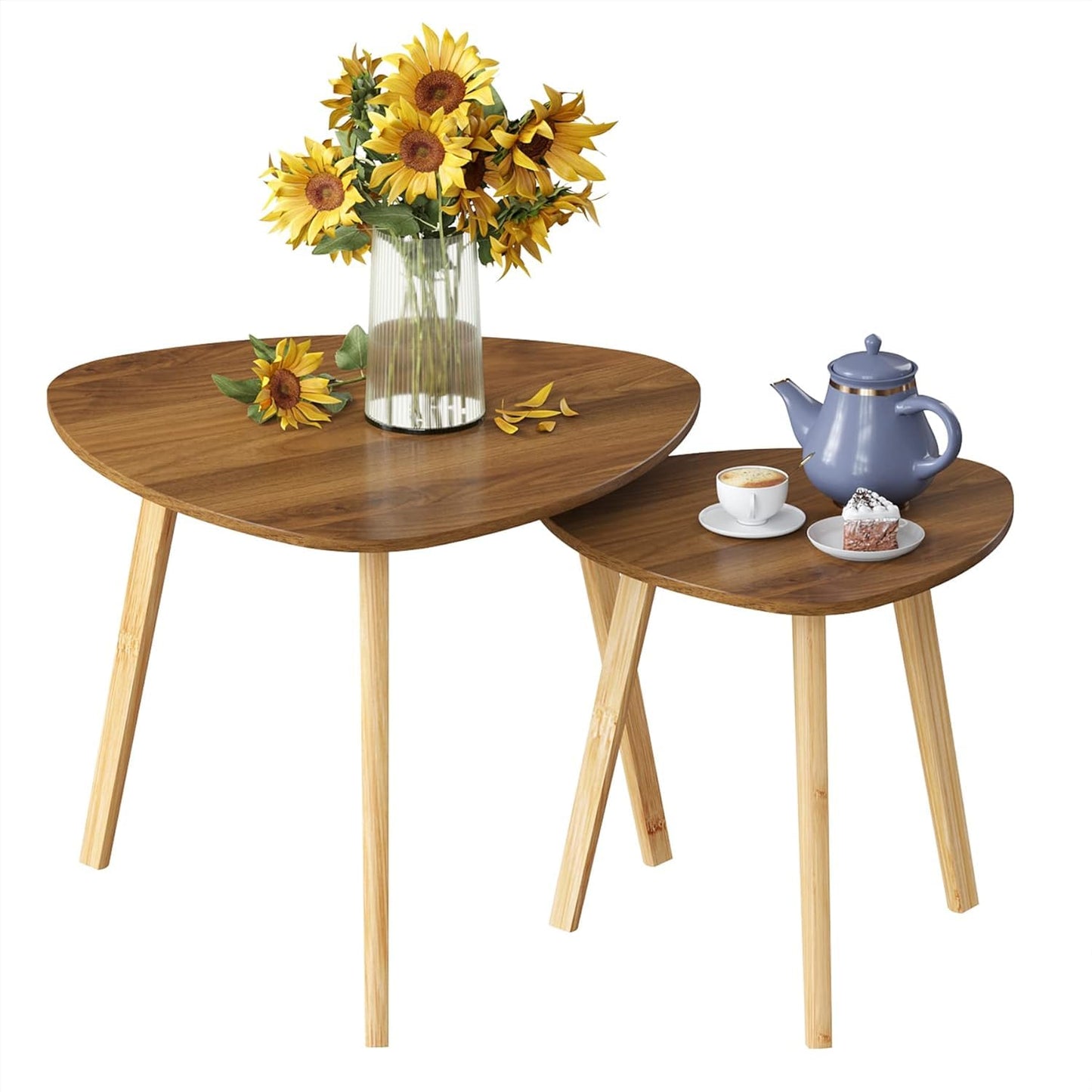 BAMEOS Bamboo Nesting Triangle End Table,Set of 2 Side Table Modern Minimalist Coffee Table for Living Room (Walunt)
