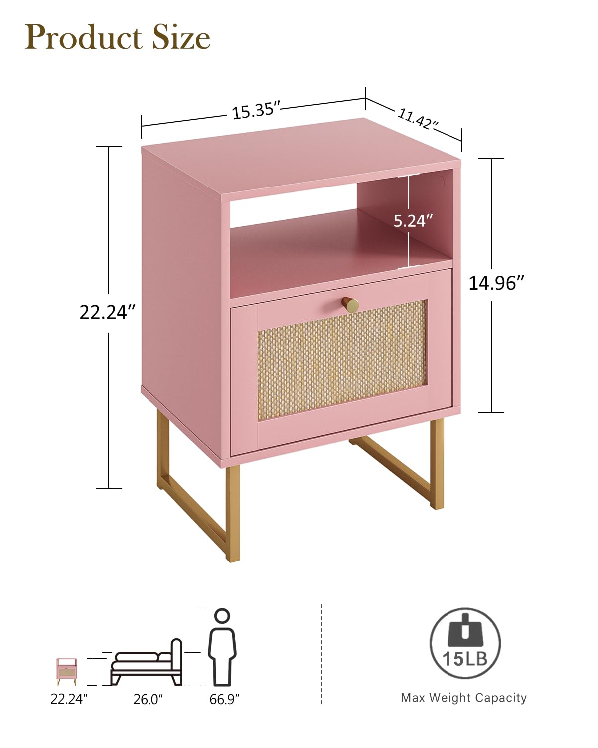 Apetaccat Rattan Nightstand, Boho Night Stand Farmhouse Wood Bedside Table with Storage and Open Shelf, End Side Accent Table for Bedroom,Living Room,Pink