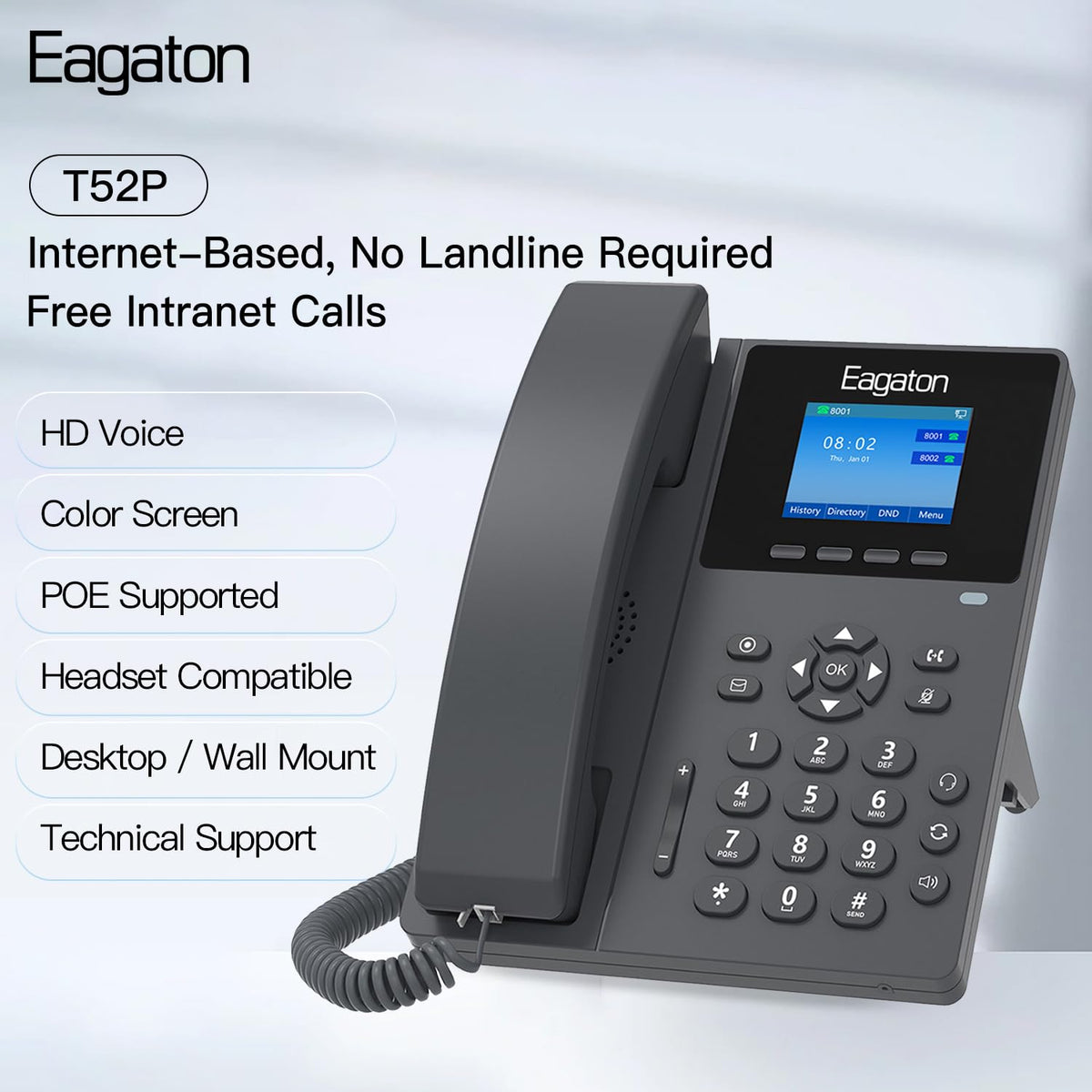 Eagaton T52P IP Phone,Office Phones Voip,2.4" Color Display, 2 SIP Accounts Business VoIP Phone, HD Voice,PoE Supported, Compatible with IPPBX&VoIP Providers, Includes Power Adapter for Home & Office